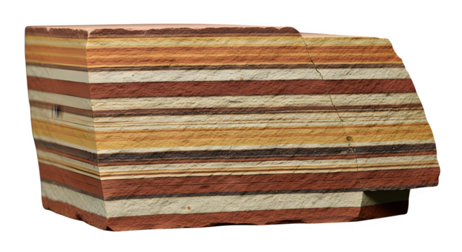 Cross section of layered sedimentary rock showing distinct strata of varying colors and textures representing geological time