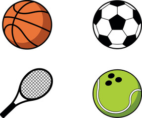 A collection of various sports equipment including a basketball, soccer ball, tennis racket, and bowling ball.