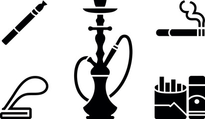 A collection of smoking implements including an electronic cigarette, hookah, cigar, and cigarette pack.