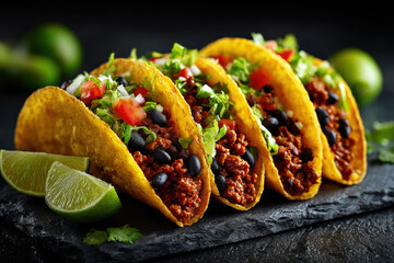 Delicious hard shell beef and black bean tacos, topped with fresh lettuce, tomatoes, and onions, presented on a dark slate board with bright lime wedges. Mexican meal.