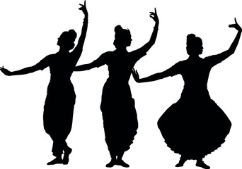 Silhouettes of three dancers performing traditional Indian classical dance.