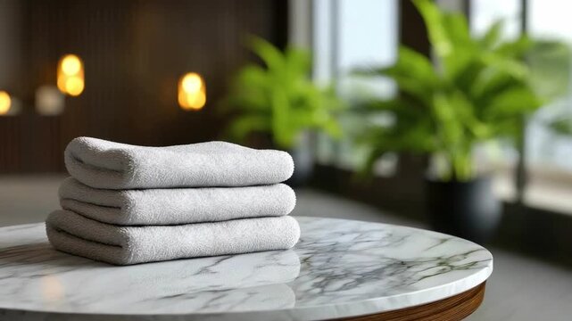 Three light-colored folded towels are stacked on a round white marble table The background shows blurred warm lights and vibrant green foliage