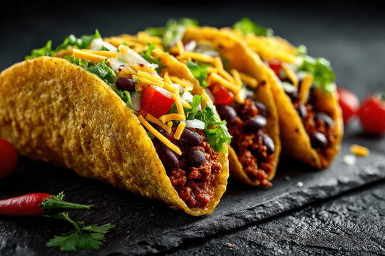 Three delicious hard shell tacos filled with seasoned meat, fresh lettuce, cheese, tomatoes, and beans, served on a dark slate. Perfect savory Mexican food.