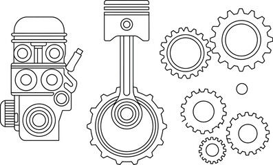 Mechanical engine components including a piston, cylinder, and gears are shown in a line drawing.