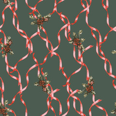 Seamless Christmas pattern with festive holiday elements on a red background. The design features pine branches, cones, silver bells, red ribbons, and snow-covered Christmas trees. Perfect for winter