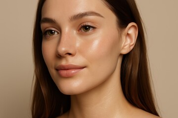 Naklejka premium Natural beauty portrait of woman with radiant skin soft makeup and glowing light