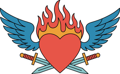 A Flaming Heart with Wings and Swords Represents Passion, Protection, and Conflict.