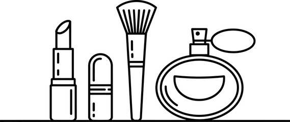 A collection of cosmetic items, including lipstick, a makeup brush, and perfume.