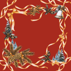 Christmas pattern with festive holiday elements on a red background. The design features pine branches, cones, silver bells, red ribbons, and snow-covered Christmas trees. Perfect for winter