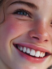 Portrait of a young woman smiling with happiness and looking at the camera. Closeup of a girl with a perfect gummy smile.