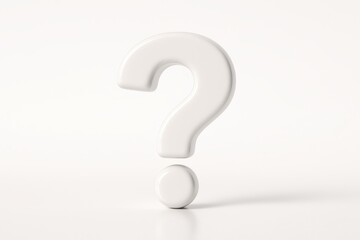 Glossy 3D question mark casting soft shadow on bright seamless white backdrop