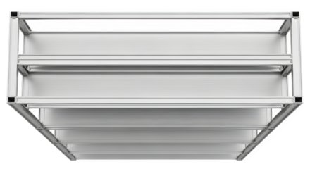 Modern industrial metal shelving unit with multiple white trays for storage and organization against a black background