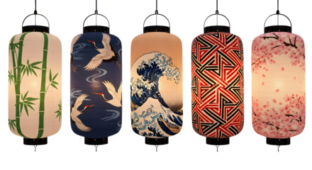 Five traditional japanese lanterns with distinct artistic designs displayed in a row against a black background