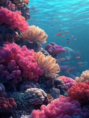 Naklejka premium Realistic photo of a vibrant coral reef under threat from bleaching, representing the adverse effects of climate change on marine ecosystems. , Minimalism,