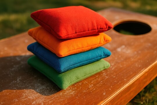 Colorful cornhole bags stacked on weathered board with chalky dust and playful vibe