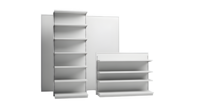 Two empty white modern shelving units one tall and narrow the other shorter and wider against a white background