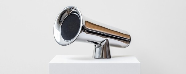 Chrome Speaker on White Stand, Minimalist , Audio