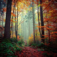 Obraz premium Autumn forest on photo. Nature wallpaper