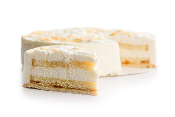 Sweet creamy cake isolated on white background.