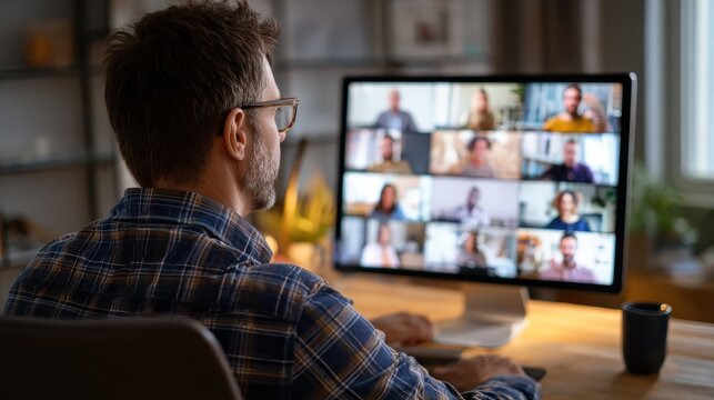 Business man having virtual team meeting on video conference call using computer. Social distance employee working from home office talking to diverse colleagues in remote videoconference online chat - Powered by Adobe