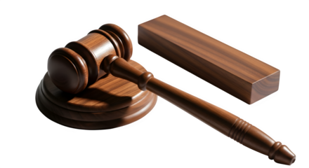 A traditional wooden gavel and sounding block resting on a dark surface with dramatic lighting