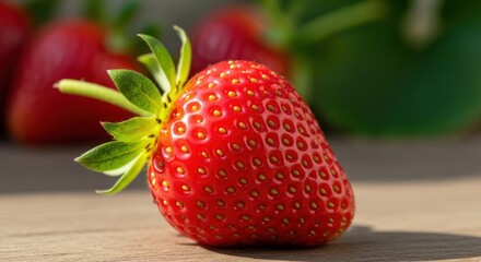 Ripe Strawberry Close-Up: Vibrant Red Fruit with Green Stem on Wooden Surface