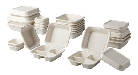 Collection of eco friendly biodegradable food containers and takeout boxes arranged against a dark background