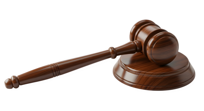 Wooden judge gavel resting on its sounding block against a stark black background symbolizing justice and legal decisions