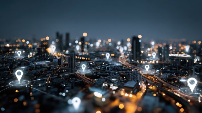 Digital geolocation interface over night city. Geolocation and distributed data concept., no logos, no brands