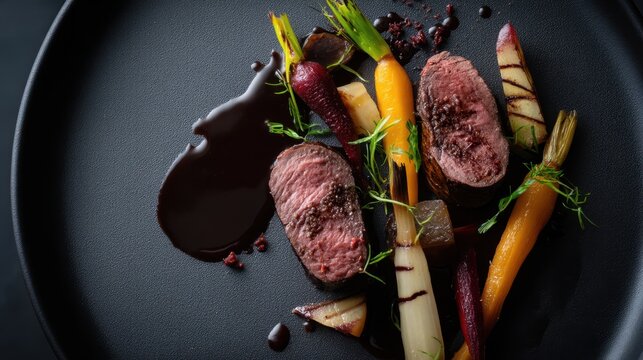 Venison loin with chocolate sauce and root vegetables gourmet dish