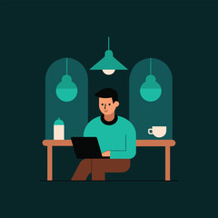Digital Nomad Working with Laptop in Cozy Coffee Shop Vector Artwork