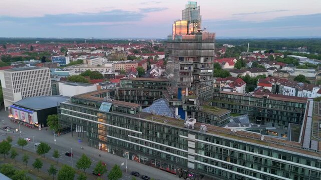 NORD LB in Hannover as Sunset time, Twilight Reflection. Drone shot of Modern architecture building, Hanover, Germany.