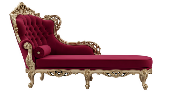 Ornate antique burgundy velvet chaise lounge with intricate gold carved wooden frame isolated on black background