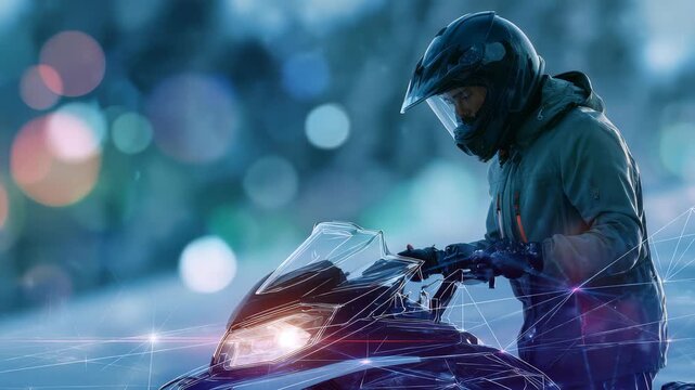 Focused rider prepares his snowmobile for a winter journey, surrounded by glowing digital overlays and snow. The image captures innovation, excitement, and the thrill of cold weather exploration