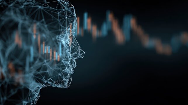 Abstract polygonal head outline on dark backdrop with blurry forex chart. AI, big data, trade and human mind concept. 3D Rendering, no logos, no brands