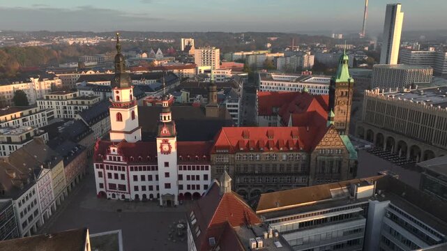 Chemnitz Townhall and Market Square. Chemnitz Rathaus in Saxony, Eastern Germany. Aerial Sunrise Time Soft Light.