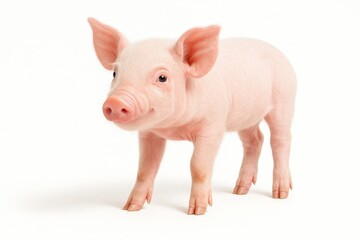 Fototapeta premium Pink piglet three quarter view isolated on clean white studio lighting high detail