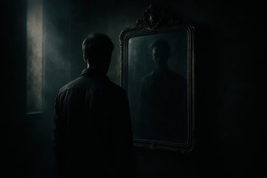 Surreal mirror self portrait shadow warped reflection exploring anxiety fear and identity