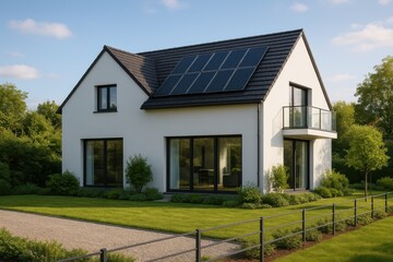 Sustainable modern home with rooftop solar array and lush garden in warm daylight