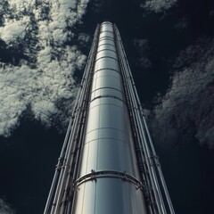 Futuristic Steel Tower Ascending to Cloudy Skies, Structure, Architecture