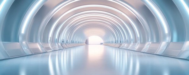 Naklejka premium Futuristic White Corridor with Glowing Arches, Architecture , Interior design