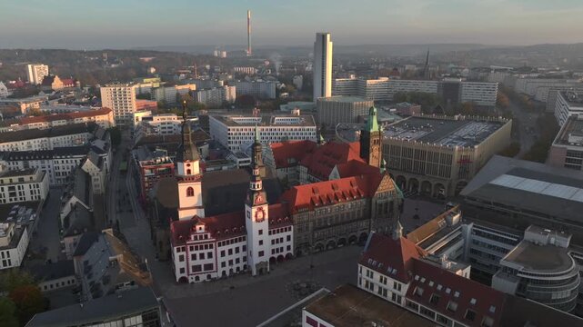 Chemnitz Townhall and Market Square. Chemnitz Rathaus in Saxony, Eastern Germany. Aerial Sunrise Time Soft Light.