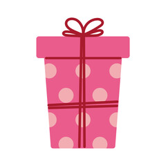 Vector cute illustration of pink gift box with polka dots, decorated with a dark pink ribbon and bow. Festive present icon for celebrations, birthdays, holidays, wrapping, and cheerful modern design.