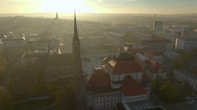 Chemnitz Townhall and Market Square. Chemnitz Rathaus in Saxony, Eastern Germany. Aerial Sunrise Time Soft Light.
