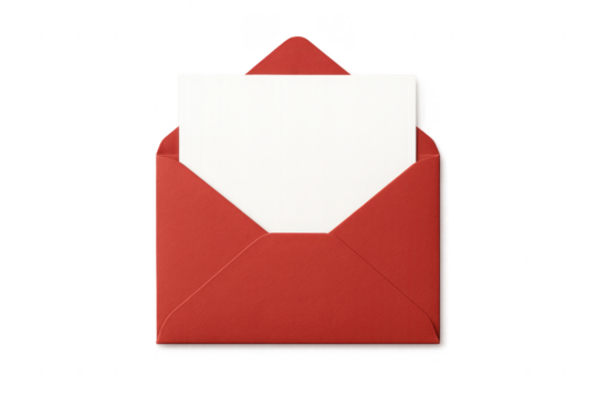 Red envelope with blank card isolated on transparent background clean cutout with soft shadow