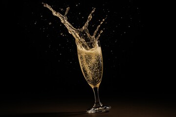 Champagne flute erupting with sparkling splash and golden bubbles on moody dark background