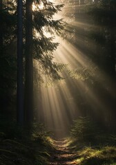 Obraz premium Sunlight struggles through dense morning mist covering a deep, tranquil evergreen woodland, creating a mysterious atmosphere, morning, evergreen, peaceful