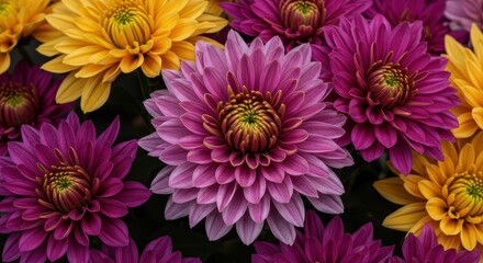 Obraz premium A beautiful, vibrant close-up of multiple colorful chrysanthemum blossoms clustered tightly together, highlighting intricate petal patterns and rich texture, decorative, colorful, flower