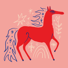 Night red fire horse symbol 2026 vector and jpg clipart file image, editable isolated details. Flat funny childish art in cartoon minimalist nursery Scandinavian style, baby fairytale stylish