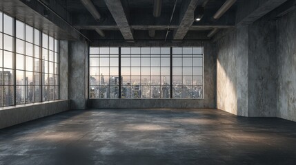 Empty loft style room with concrete floor and city view 3D Render, no logos, no brands